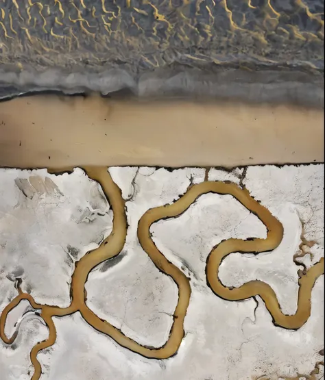 Alafed river in the sand，There is a yellow snake on it, river delta, Aerial iridescent veins, meandering river, erosion channel river, marble pattern, an Ultra-fine details, Ultra-fine details, soft sand coastline, sand scene painting, circuit. 8k 3D Geolo...