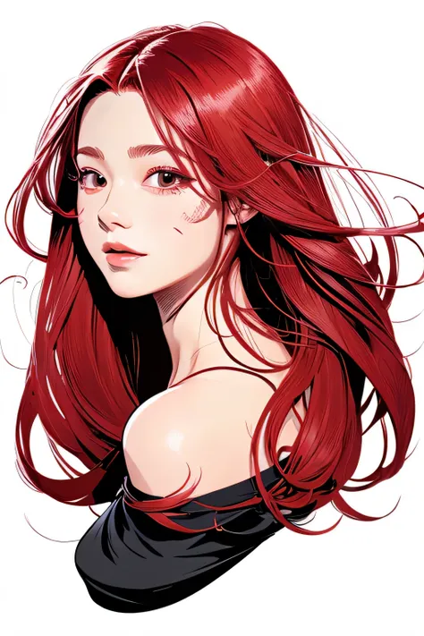 A cat-woman with medium-length crimson hair.　15 year old girl　Deformed illustration