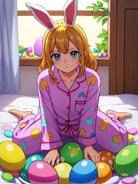 Naruto Uzumaki ciberpunk, 1 menino, cabelos amarelos, vestindo um pijama de coelho branco, olhos detalhados azul celeste, Figura 8k, octanagem renderizada, Melhor qualidade, UHD resolution, celebrating Easter in your room, several easter eggs 