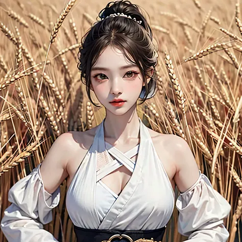 korean woman, (masterpiece, Beautiful person, ),  There is farming in the countryside., (There is (cut wheat: 1.4)), fertilize, weeding, simple face, no makeup, country girl, ponytail, detailed skin texture, fine cloth texture, fine and detailed face. mast...