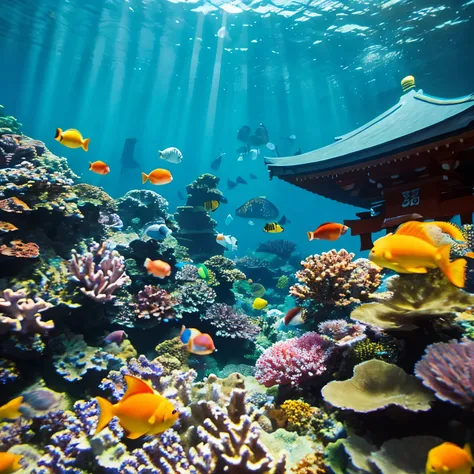 Akama Shrine in the sea　Underwater perspective　light shining in　colorful coral　tropical fish