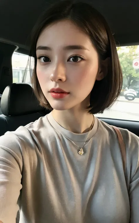 a close up of a woman in a car, beautiful south chinese woman, gorgeous 35 years old chinese woman, with short hair, young cute wan asian face, gorgeous chinese model