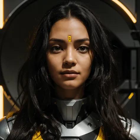 Close up image of a robot person with long curly black hair, yellow eyes and dark skin