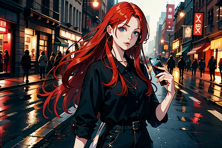 Red-haired woman with long hair standing on the road, nice art style, hidden hand, better quality, 8K, smartphone, influencer