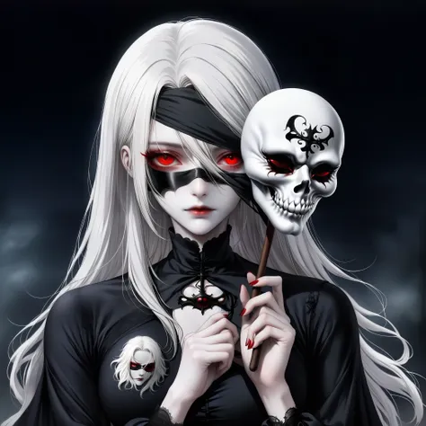 （holding a mask in hand：1.5），（white-haired ghost wearing an eyepatch，straight hair，red eyes），（gothic art），（fear：1.5），（correct hu...