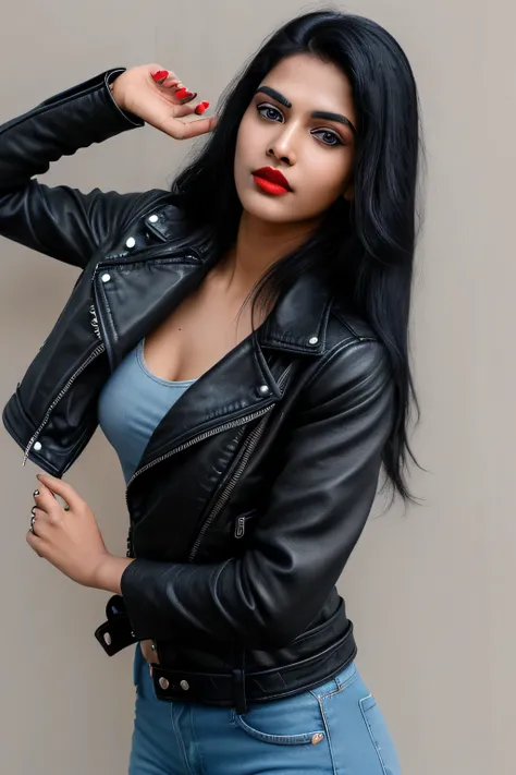 A 25 year old young women, south indian, long feather black hair blue eyes red lips wearing a black leather jacket and skinny blue jeans 