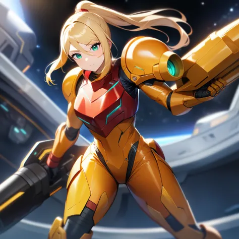 1girl,samus aran,solo,green eyes,blonde hair,yellow and orange power armor,ponytail,green thin arm cannon,red chest armor, big s...