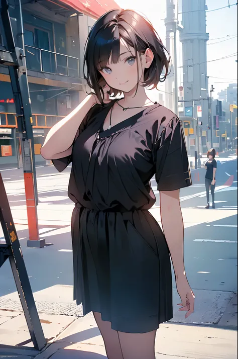 ((masterpiece, high quality)), Promide of a girl with short bob black hair, highteen, 16 years old, Idol, stage costume, plump round face, cheerful smile, Perky look, black eyes, round nose, short hair, straight bob hair, masterpiece, background is white, ...