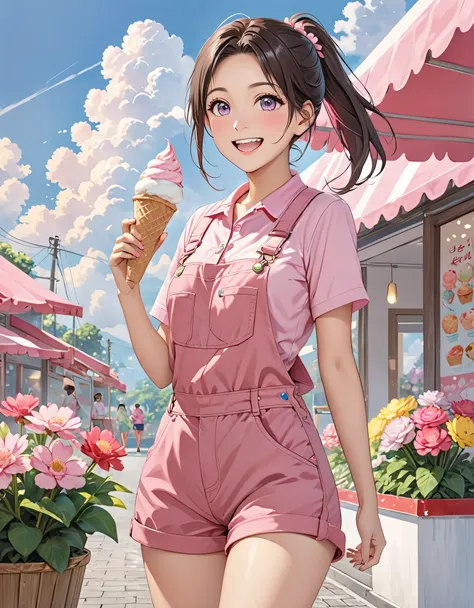 masterpiece,best quality, 1 girl,alone,Urarakaharu,work clothes,overall shorts,flower-shaped pupil,Change,pink shirt,Holding ice cream,(ponytail:0.6),Smile,open mouth,cloudy, 