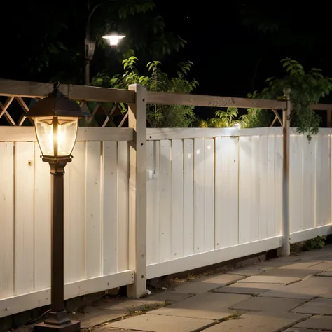 ，Close-up of wooden fence，There is 1 light on it, outdoors light, LED light around the place, outdoor light, Very high quality lamp, outside light, small LED light, extremely good quality light, LED light, large LED light, led light, light, solar energy, f...