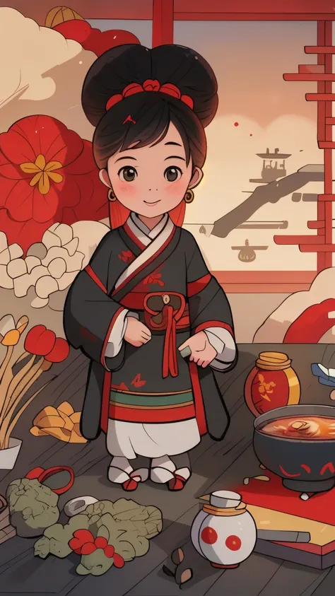 a cartoon girl in a kimono outfit existith a pot and a pot of food, ancient chinese princess, palace ， 一个穿着Hanfu的女孩, chinese princess, Chinese girl, asian dynasty princess, existearing ancient chinese clothes, Chinese goddess, Hanfu, traditional Chinese, C...