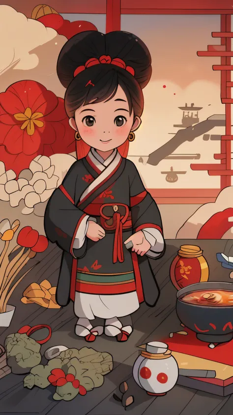 a cartoon girl in a kimono outfit existith a pot and a pot of food, ancient chinese princess, palace ， A girl wearing hanfu, chinese princess, Chinese girl, asian dynasty princess, existearing ancient chinese clothes, Chinese goddess, Hanfu, traditional Ch...