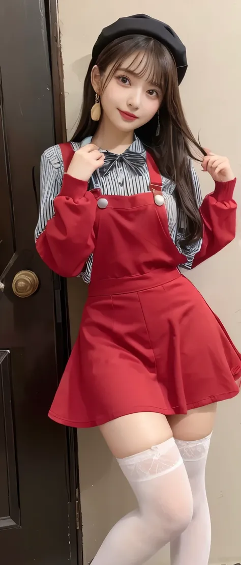 romantic idol girl、、Red overalls tight mini skirt、、、good style、cutely standing upright、whole body、、neat face、、、striped knee socks、、black shirt、magician hat