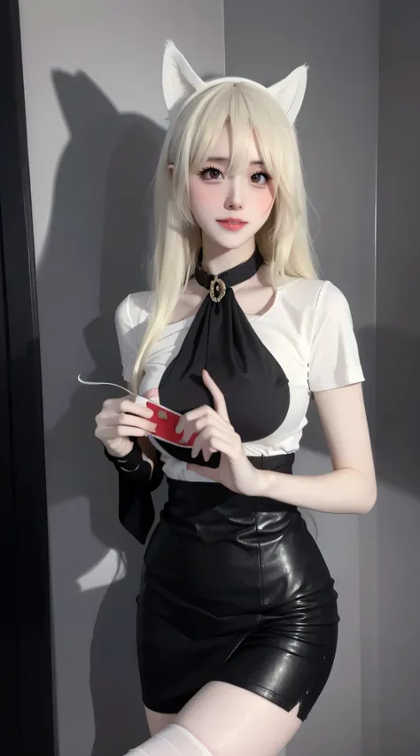 1 European and American vampire beauties:Imperial sister，domineering side leak，enchanting，Beauty model，，being thin，Skin is snow-white and smooth，curlies，combed blonde hair，The legs are slender，Wear black stockings on the legs，Penetrating white shirt(Short ...