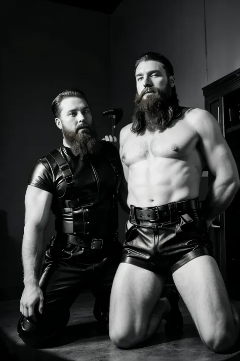 bearded ginger men with beards in their 30s kneeling in leather harness in a high contrast room