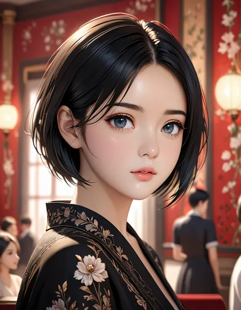 {masterpiece},{best quality},{1 girl}, Lovely, Astonishing, Beautiful and delicate eyes, black eyes, short hair, black hair,fine details,depth of field,Extremely detailed CG,The original, Very detailed wallpaper,Upper body, looking at the audience