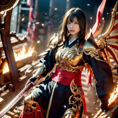 (((Realistic, masterpiece, best quality, crisp detail, high definition, high detail, very rich detail, sharp focus, sharp detail, colorful, perfect studio lightning))), ((20 years old goddess, kasumi arimura)),(((in the middle of war, epic war scene, attac...