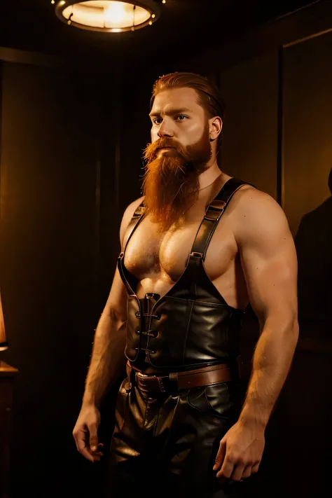 bearded ginger men with beards in their 30s standing in leather harness in a high contrast room