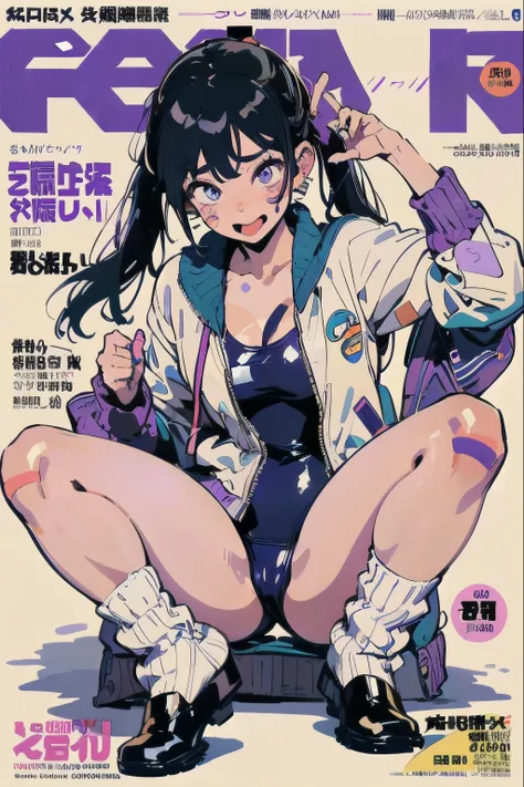 Beautiful girl in anime style, clean small surfaces, cyber punk, bikini armor、 (magazine cover:1.8)、((Lots of stickers: 1.5))、((From before:２))、(play games)、(dynamic pose:1.5), 1 cute girl, highest quality、ウルトラ - High resolution、High resolution、Detailed CG...