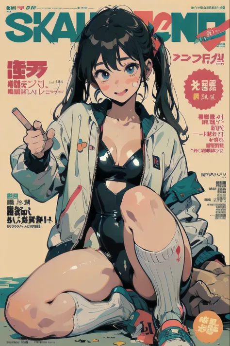 Beautiful girl in anime style, clean small surfaces, cyber punk, bikini armor、 (magazine cover:1.8)、((Lots of stickers: 1.5))、((From before:２))、(play games)、(dynamic pose:1.5), 1 cute girl, highest quality、ウルトラ - High resolution、High resolution、Detailed CG...