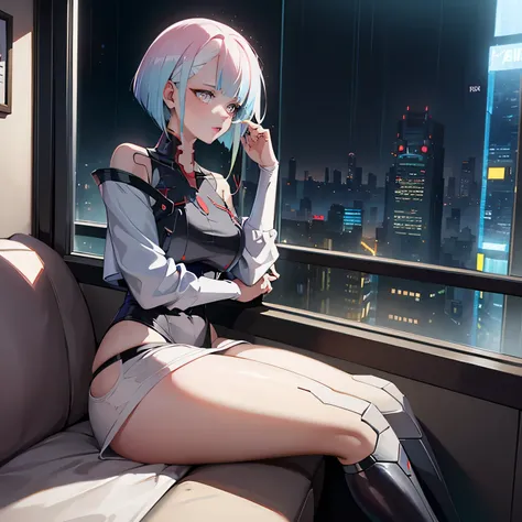 Lucy from cyberpunk, raining, foggy window, rain on window, looking out of window, casual clothes, thick thighs, sitting down 