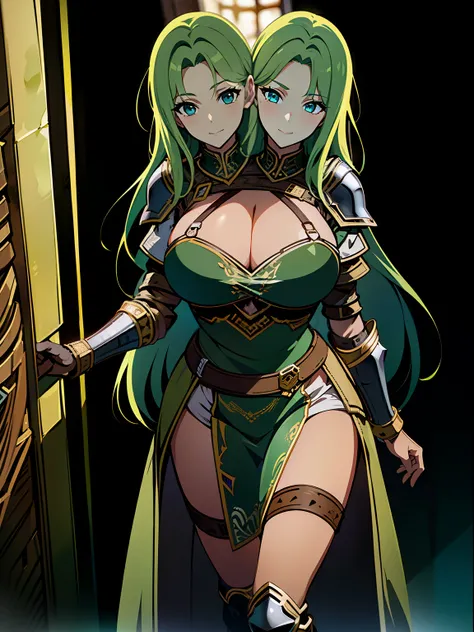 (masterpiece),(ultra-detailed), (high quality), (high resolution), (best quality:1.5, highres, UHD), highres, absurdo, ultra detail, ultra quality, ((2heads:1.5)), 1girl, (long hair), light green hair, glowing light blue eyes, cleavage, thighs, (green armo...