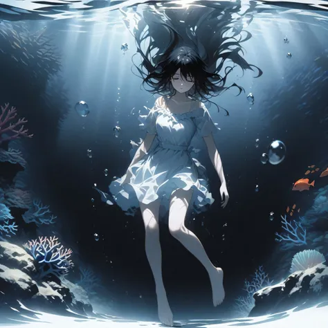 1girl、black hair、close ~ eyes、barefoot、floating in water、sink in water、drowning、bubble、deep sea、black sea、coral、image of a woman...