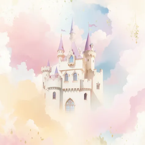 picture book illustration, watercolor storybook illustration, princess castle, fairytale castle, fairytale towers, clouds, vibrant pastel colors, dream, colorful, whimsical, magical, masterpiece, best quality, sharp focus, intricately detailed environment,...