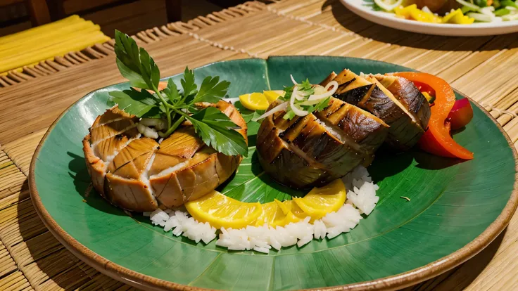 Generate images depicting the vibrant colors and flavors of Kinilaw, a traditional Filipino dish. Show a variety of seafood options commonly used in Kinilaw, such as tuna, salmon, and sea bass, beautifully arranged on a banana leaf-adorned plate. Include i...