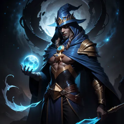 High quality mage, 8k, of a man with a blue robe holding a star, and a black hole, dark space environment with stars in the background, Karthus from League of Legends, beautiful celestial mage, Archmage, dressed in ethereal armor, astral ethereal