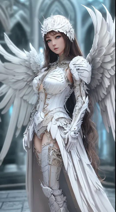 Close-up of a woman in a white dress with wings, full body angel, futuristic robot angel, wonderful angel wings, angel knight gothic girl, angel in plastic armor, intricate costume designs, As a mysterious Valkyrie, Its whole body is made of white feathers...