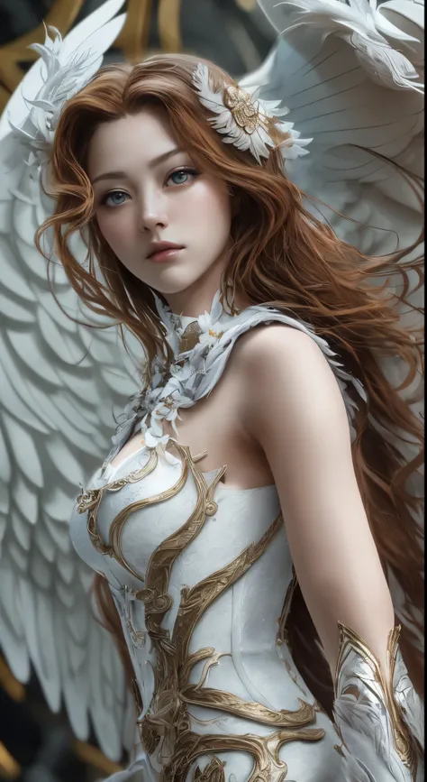 Close-up of a woman in a white dress with wings, full body angel, futuristic robot angel, wonderful angel wings, angel knight gothic girl, angel in plastic armor, intricate costume designs, As a mysterious Valkyrie, Its whole body is made of white feathers...