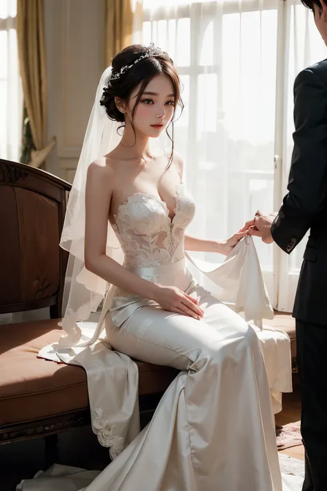 ((best quality)), ((masterpiece)), (detailed), perfect face, Araffed woman sitting in wedding dress, korean beauty, Pure white elegant wedding dress, Veil reaching to the floor, Sunlight shining on white curtains, different actions,