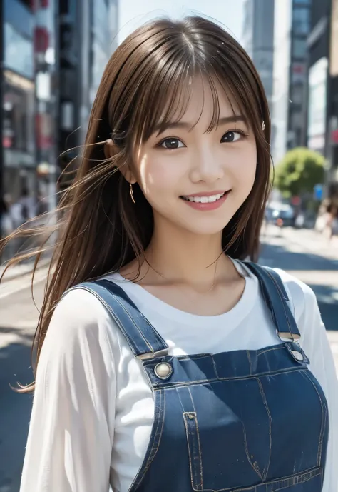 (((City:1.3,outdoor, Photographed from the front))), ((long hair:1.3, overalls,japanese woman, Smile,cute)), (clean, natural makeup), (highest quality, masterpiece:1.3, 超High resolution), (Super detailed, caustics), (realistic:1.4, RAW shooting), very deta...