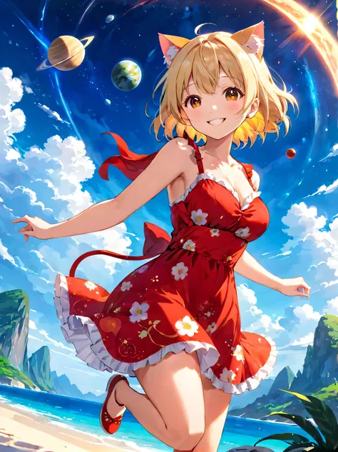 1 girl, running, bright red print sundress, outdoor, Summer in another world, multiple planets in the sky, girl living in another world, , smile, , cleavage、(Cat ear)、Bob cut blonde hair、8K,Vivid landscapes、