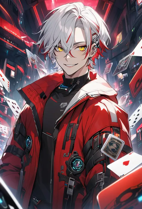 Handsome, solo, 1 male, short hair, white hair, red highlight at hair tips, yellow eyes, white and red clothes, smile facial, futuristic, cyberpunk, cards, dices, gambler