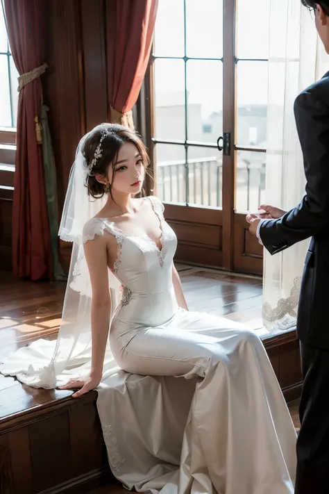 ((best quality)), ((masterpiece)), (detailed), perfect face, Araffed woman sitting in wedding dress, korean beauty, Pure white elegant wedding dress, Veil reaching to the floor, Sunlight shining on white curtains, different actions,