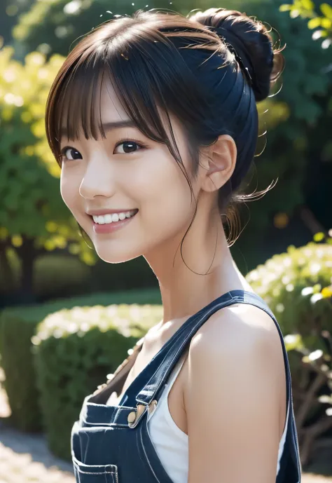 (((garden:1.3,outdoor, Photographed from the front))), ((bun hair:1.3, overalls,black shirt,japanese woman, Smile,cute)), (clean, natural makeup), (highest quality, masterpiece:1.3, 超High resolution), (Super detailed, caustics), (realistic:1.4, RAW shootin...