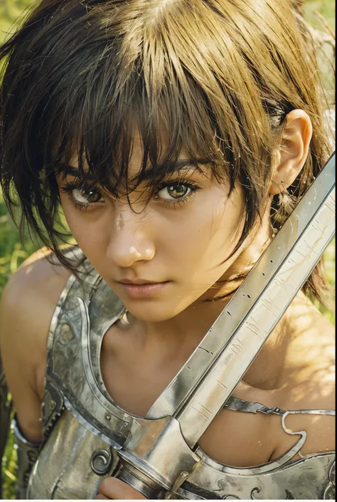 This is casca from berserk. She has dark skin, black short hair, beautiful brown eyes, slight scars on her face from battle and she is holding a silver sword that has wings at the hilt. And she is wearing silver armor 