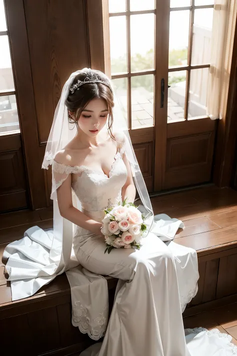 ((best quality)), ((masterpiece)), (detailed), perfect face, Araffed woman sitting in wedding dress, korean beauty, Pure white elegant wedding dress, Veil reaching to the floor, Sunlight shining on white curtains, different actions,