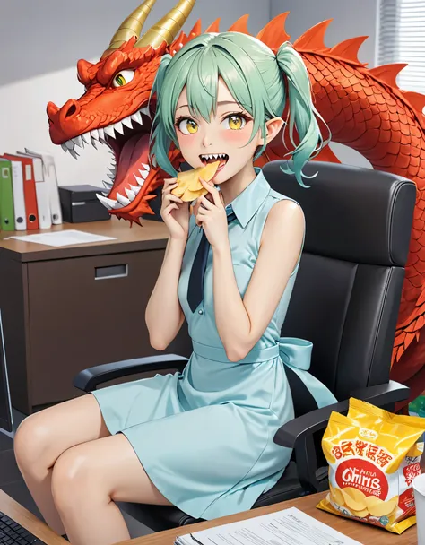 momok, halo, short twintails, horn, bright pupils, ahog, pointed ears, (Dragon tail:1.1), collareD Dress, sleeveless Dress, tie, small breasts, (Point to viewer:1.035), break laughter, cover mouth, hanD to own mouth, sharp teeth, (smug:1.2), :D, open mouth...