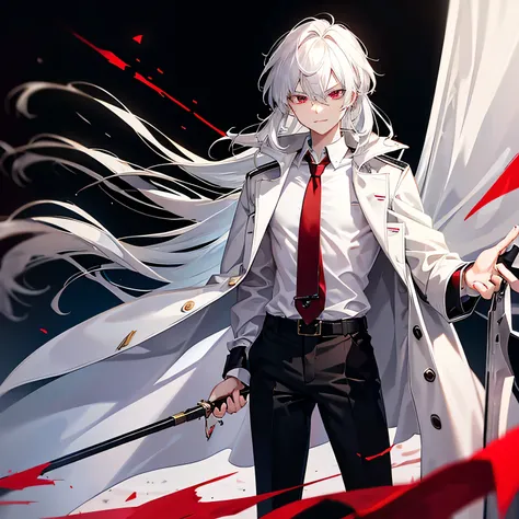 teenager , 18 Years old male, short height, with long white hair and crimson sharp eyes , subtle smirk , wearing black trench coat with white shirt and red tie