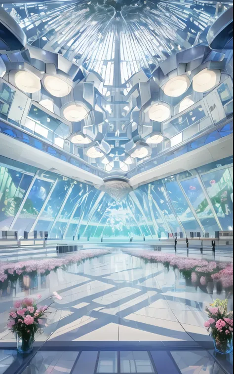 There is a big room，There are lots of flowers and lights, 在future派的沙漠宫殿里, anime scenery concept art, crystal room, future派大厅, future派设定, Anime beautiful peaceful scene, future!!, anime concept hdr anime macmanus, beautiful anime scene, symmetry!! concept a...