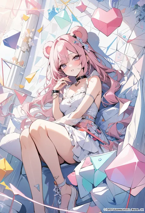 ,beautiful flower々）,mole under eye, heart shaped choker, (masterpiece, highest quality), official art, beautiful and aesthetic: 1.2), (1 girl), very detailed, (geometry art: 1.3), colorful、pink bob hair、bear ears、 whole body