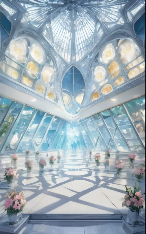 There is a big room，There are lots of flowers and lights, 在future派的沙漠宫殿里, anime scenery concept art, crystal room, future派大厅, future派设定, Anime beautiful peaceful scene, future!!, anime concept hdr anime macmanus, beautiful anime scene, symmetry!! concept a...