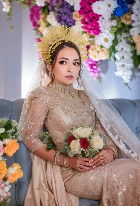 bride in a gold dress sitting on a couch with flowers, bride, wedding, photo taken with nikon d 7 5 0, photo taken with nikon d750, beautiful woman, wedding photography, taken with canon 5d mk4, shot on nikon z9, profesional photography, inspired by reyna ...