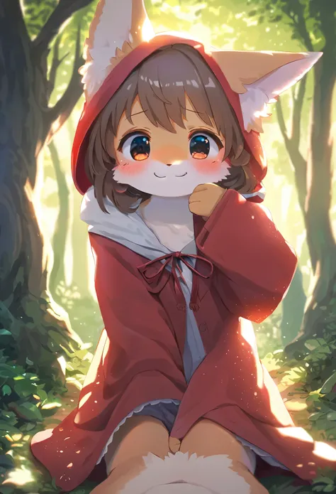 top quality, best quality, High-quality illustrations, masterpiece, super high resolution, detailed background, (super cute girl, solo)Little Red Riding Hood, forest, girl, undressing, open Clothes, on back, absurdres(highly detailed beautiful face and eye...