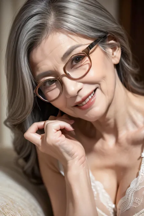 (Masterpiece:1.4),(60-year-old woman:1.4),(Wrinkles on the face1.2),smile,lingerie,gray hair,round glasses