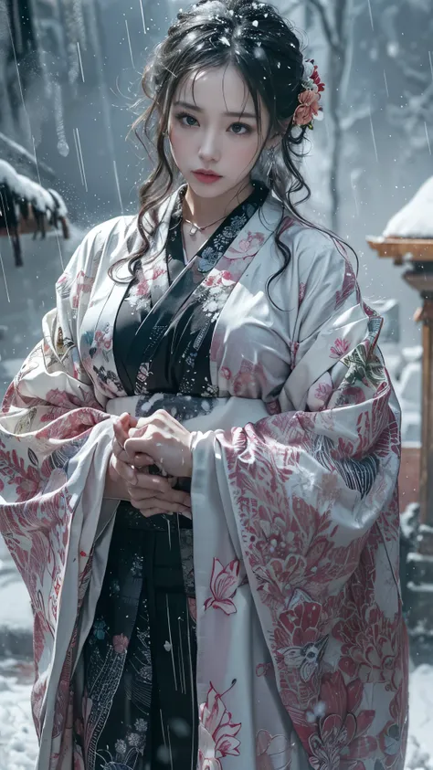 (RAW shooting, Photoreal:1.5, 8K, highest quality, masterpiece, ultra high resolution), ((((heavy snow, Blizzard)))), Highly detailed skin and facial textures:1.3, perfect dynamic composition:1.2, (In front of a shrine at night in a modern city, expression...