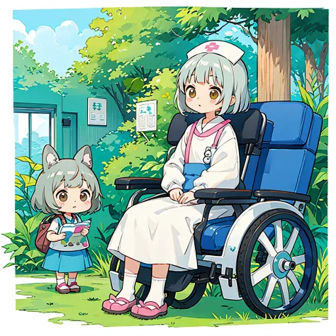 My Neighbor Totoro Style, Kawaii Design, most beautiful girl ever、Chibi is in a wheelchair, Silver Bob Hair、hospital lobby、with the nurse